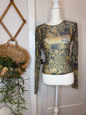 Miaou Mesh Long Sleeve Graphic Top Sheer Y2K Abstract Print